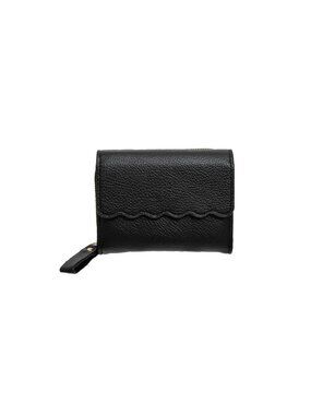 Black Scalloped Edge Compact Vegan Faux Leather Wallet With Zipper & Snap Closur